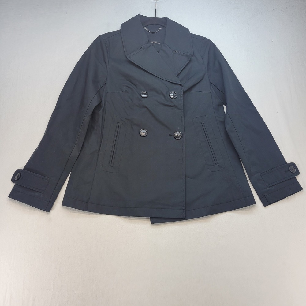 Banana Republic Short Trench Jacket Women XS Black Peacoat Rain Double Breasted